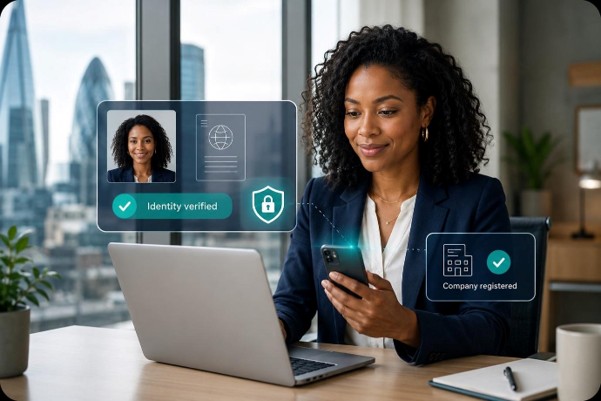 Business professional completing a secure digital identity verification and UK company registration process.